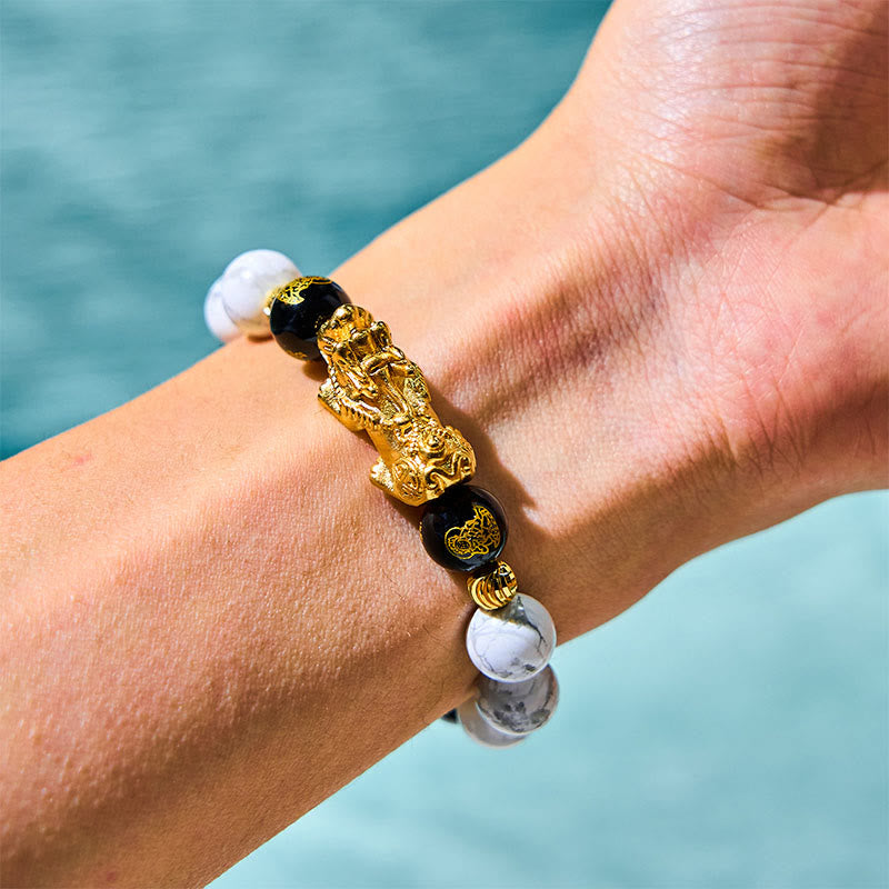 Vintage White Turquoise Black Onyx Pixiu Beads Blessing Bracelet