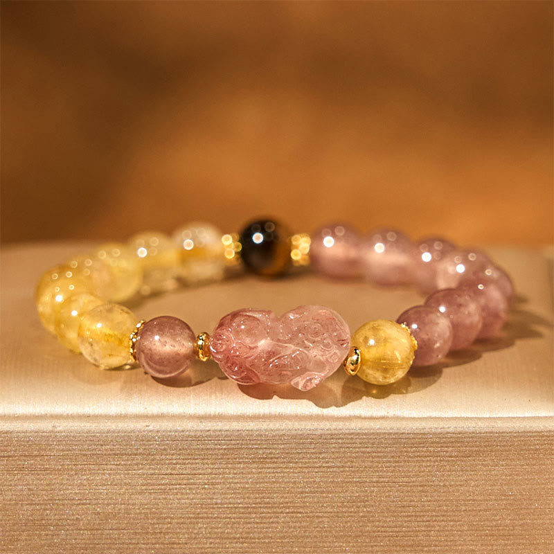 Strawberry Quartz, Rutilated Quartz, and Tiger Eye Copper Pixiu Beaded Energy Bracelet