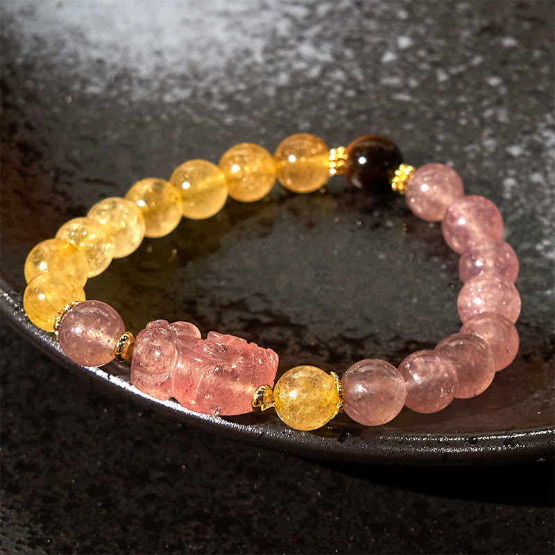 Strawberry Quartz, Rutilated Quartz, and Tiger Eye Copper Pixiu Beaded Energy Bracelet