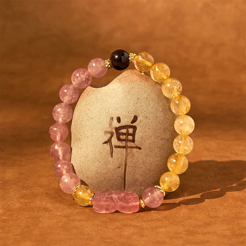 Strawberry Quartz, Rutilated Quartz, and Tiger Eye Copper Pixiu Beaded Energy Bracelet