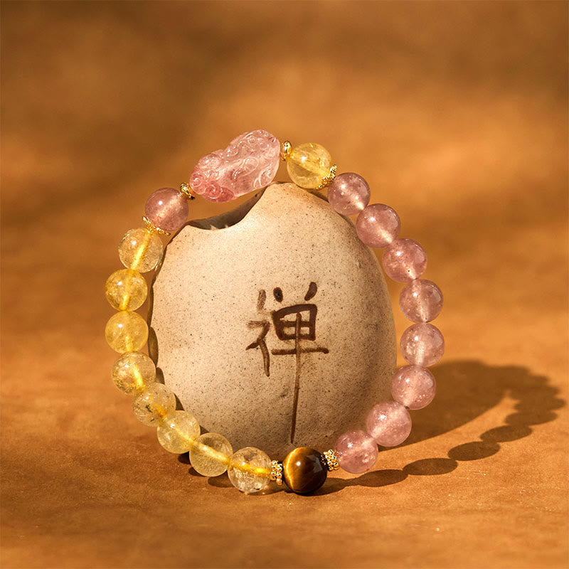 Strawberry Quartz, Rutilated Quartz, and Tiger Eye Copper Pixiu Beaded Energy Bracelet