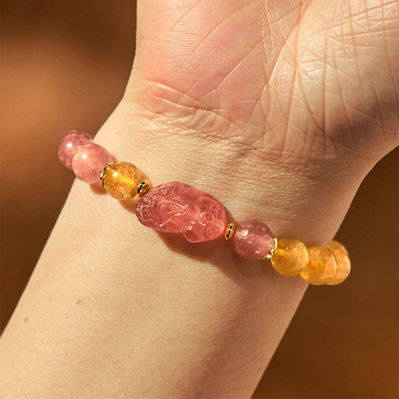 Strawberry Quartz, Rutilated Quartz, and Tiger Eye Copper Pixiu Beaded Energy Bracelet