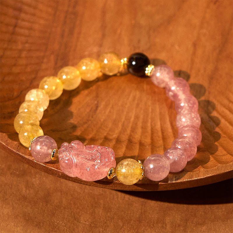 Strawberry Quartz, Rutilated Quartz, and Tiger Eye Copper Pixiu Beaded Energy Bracelet