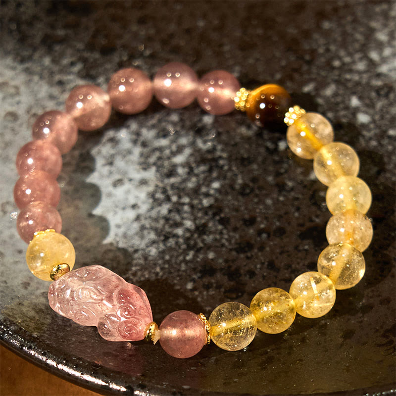 Strawberry Quartz, Rutilated Quartz, and Tiger Eye Copper Pixiu Beaded Energy Bracelet