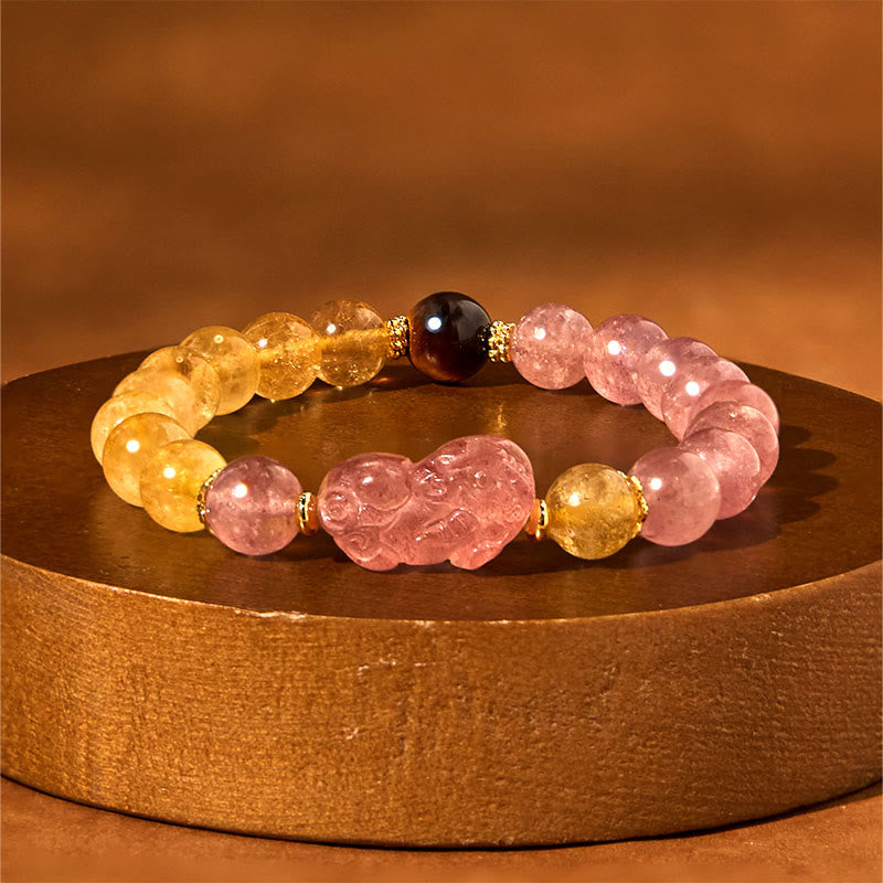 Strawberry Quartz, Rutilated Quartz, and Tiger Eye Copper Pixiu Beaded Energy Bracelet