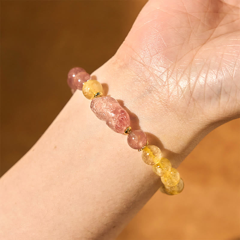 Strawberry Quartz, Rutilated Quartz, and Tiger Eye Copper Pixiu Beaded Energy Bracelet