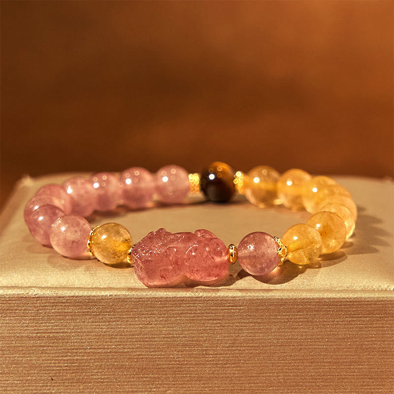 Strawberry Quartz, Rutilated Quartz, and Tiger Eye Copper Pixiu Beaded Energy Bracelet
