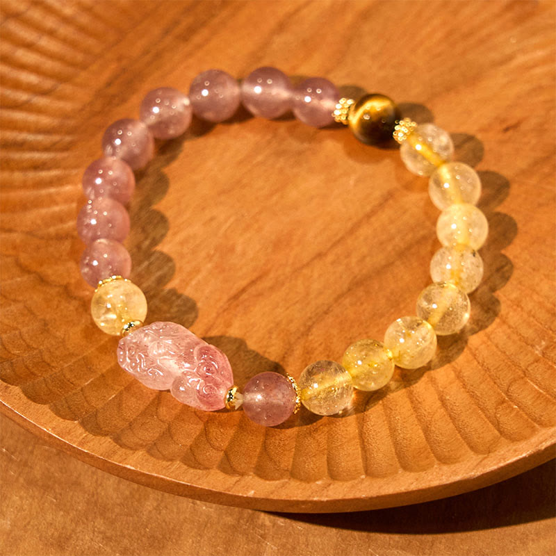 Strawberry Quartz, Rutilated Quartz, and Tiger Eye Copper Pixiu Beaded Energy Bracelet