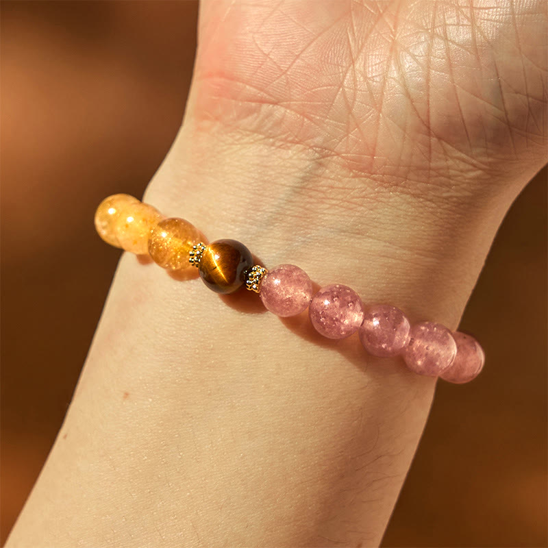 Strawberry Quartz, Rutilated Quartz, and Tiger Eye Copper Pixiu Beaded Energy Bracelet