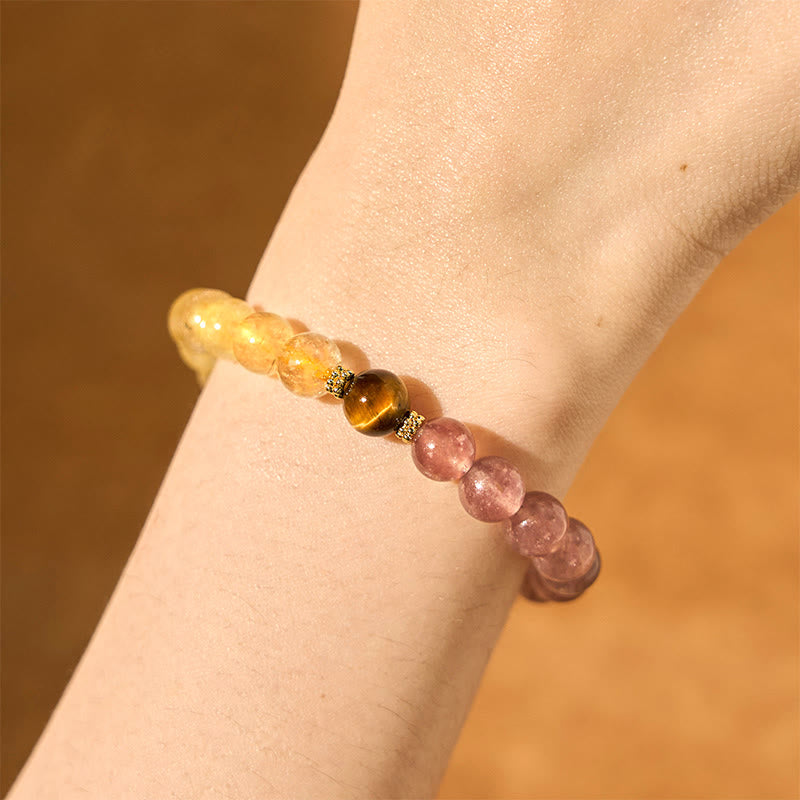 Strawberry Quartz, Rutilated Quartz, and Tiger Eye Copper Pixiu Beaded Energy Bracelet