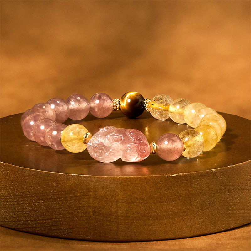 Strawberry Quartz, Rutilated Quartz, and Tiger Eye Copper Pixiu Beaded Energy Bracelet
