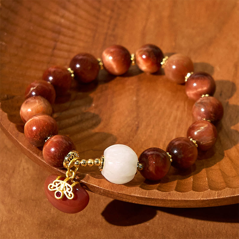 Natural Red Tiger Eye Carved Pumpkin Bead Calm Bracelet