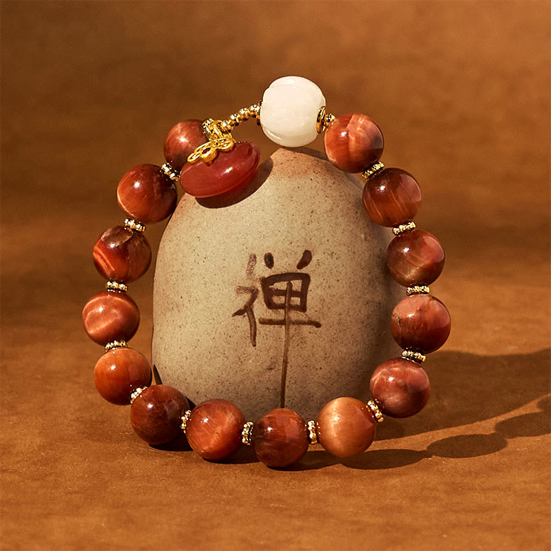 Natural Red Tiger Eye Carved Pumpkin Bead Calm Bracelet