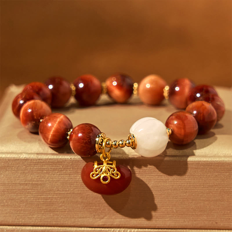 Natural Red Tiger Eye Carved Pumpkin Bead Calm Bracelet