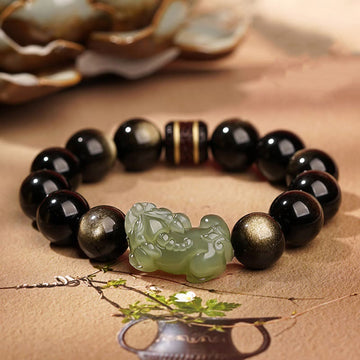 Handmade Gold Sheen Obsidian & Hetian Jade Pixiu Beaded Bracelet for Men and Women