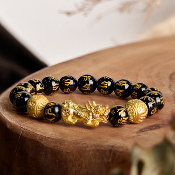 Om Mani Padme Hum Inscribed Black Obsidian & Agate Pixiu Beaded Bracelet