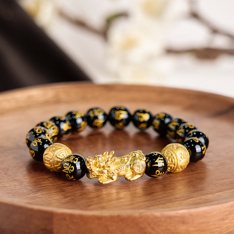 Om Mani Padme Hum Inscribed Black Obsidian & Agate Pixiu Beaded Bracelet