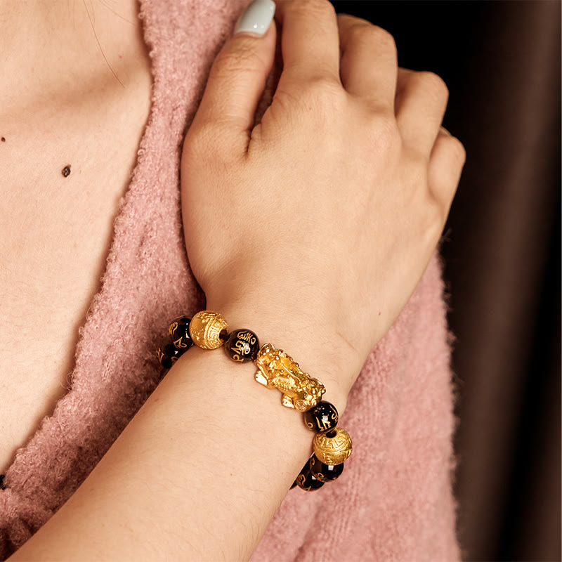 Om Mani Padme Hum Inscribed Black Obsidian & Agate Pixiu Beaded Bracelet