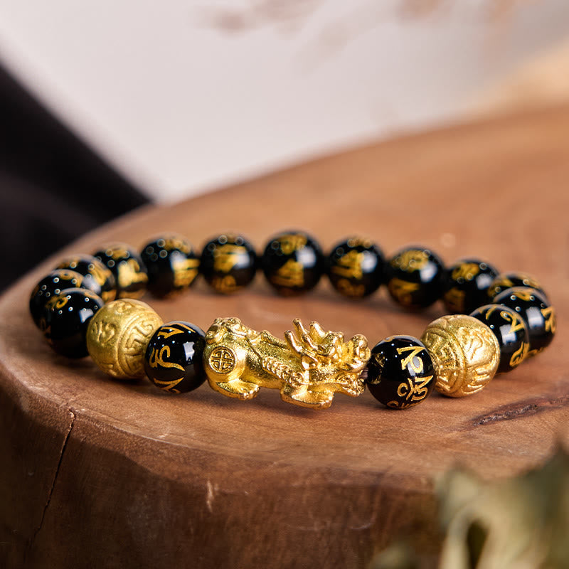 Om Mani Padme Hum Inscribed Black Obsidian & Agate Pixiu Beaded Bracelet