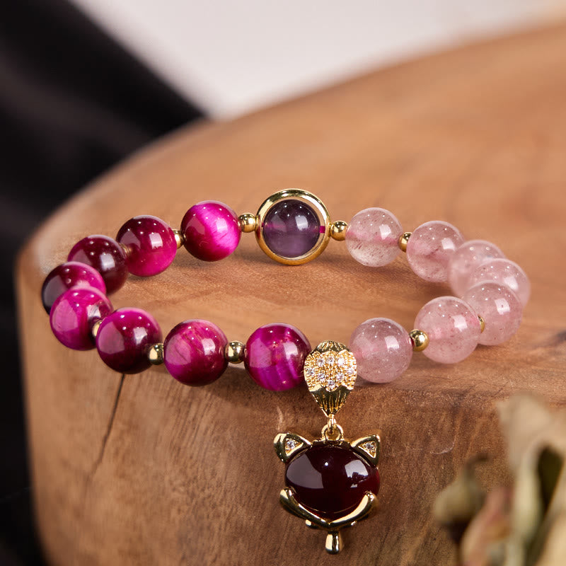Natural Strawberry Quartz and Tiger Eye Pixiu Beaded Love Bracelet