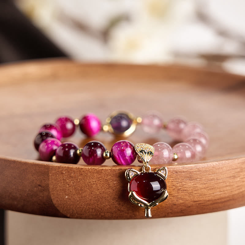 Natural Strawberry Quartz and Tiger Eye Pixiu Beaded Love Bracelet