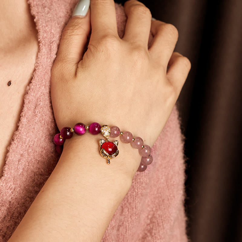 Natural Strawberry Quartz and Tiger Eye Pixiu Beaded Love Bracelet