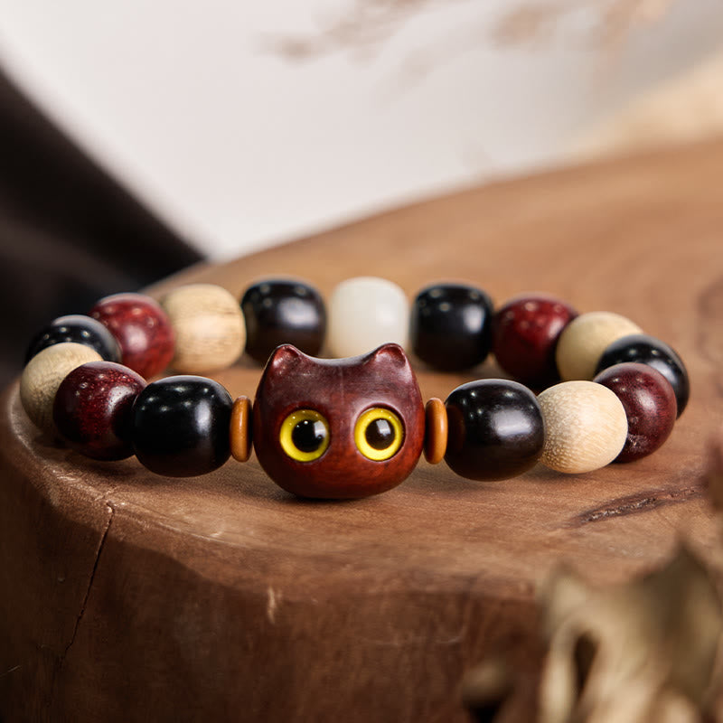 Small Leaf Red Sandalwood Ebony Wood Cute Cat Engraved Protection Bracelet