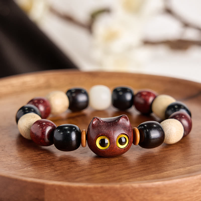 Small Leaf Red Sandalwood Ebony Wood Cute Cat Engraved Protection Bracelet