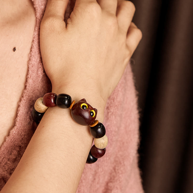 Small Leaf Red Sandalwood Ebony Wood Cute Cat Engraved Protection Bracelet