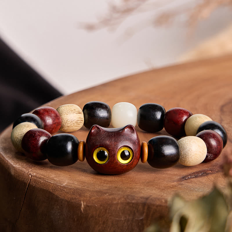 Small Leaf Red Sandalwood Ebony Wood Cute Cat Engraved Protection Bracelet
