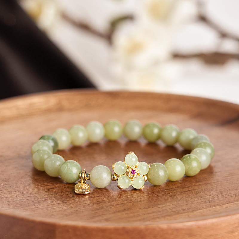 Green Jade Flower Fu Character Charm Luck Bracelet
