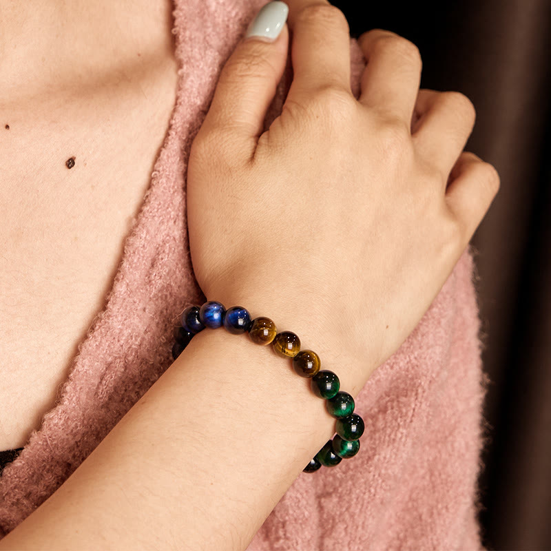 Triple Tone Blue Green and Golden Tiger Eye Beaded Balance Bracelet