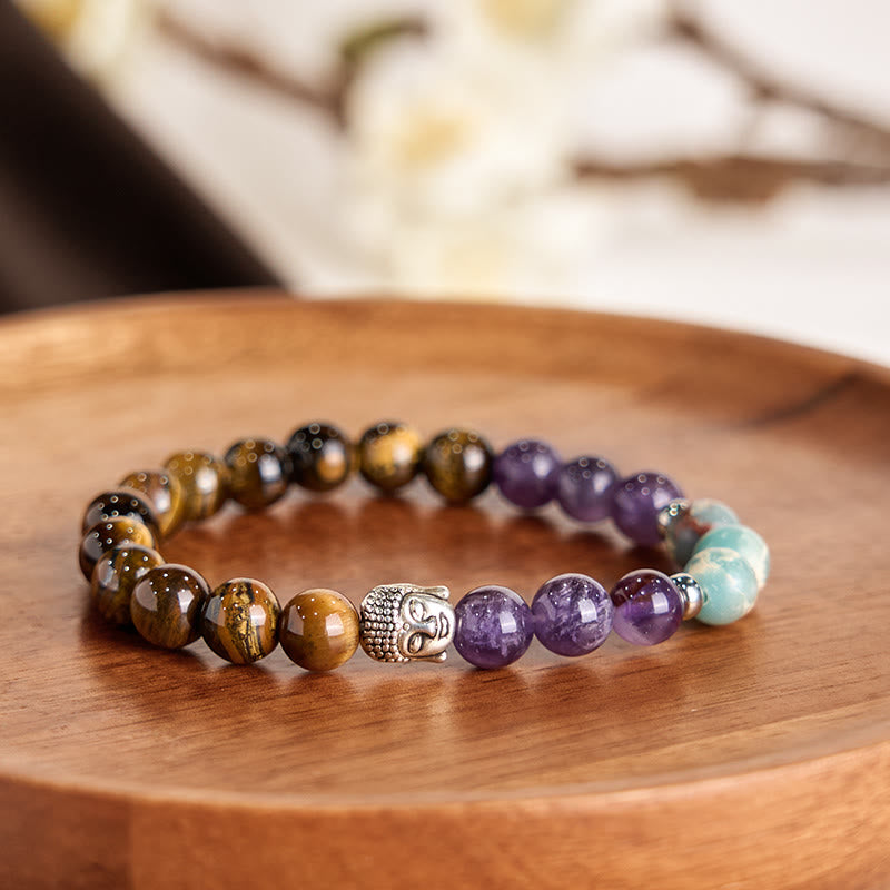Natural Mixed Gemstone Beaded Bracelet with Buddha Head Charm
