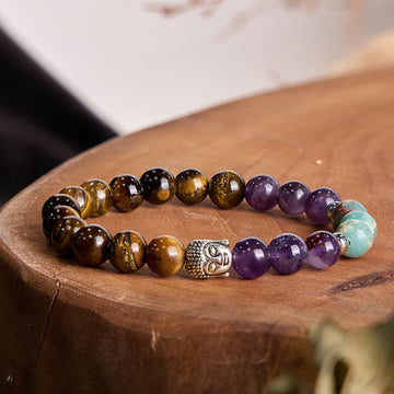 Natural Mixed Gemstone Beaded Bracelet with Buddha Head Charm