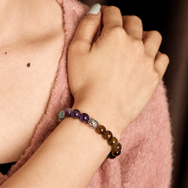 Natural Mixed Gemstone Beaded Bracelet with Buddha Head Charm