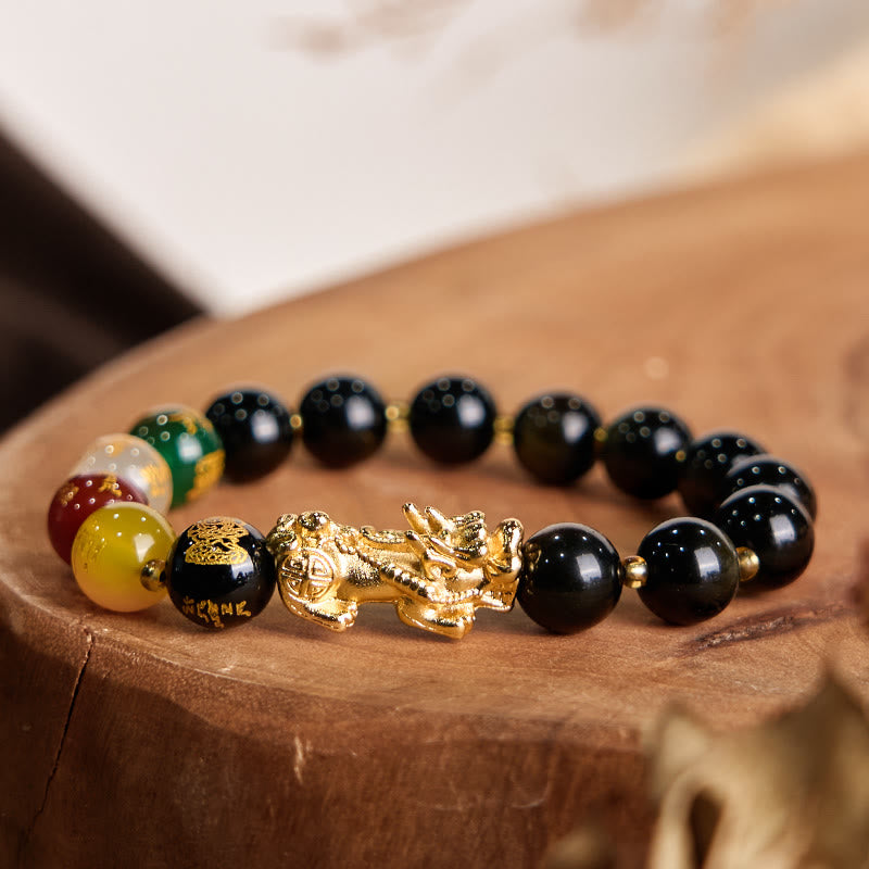 Natural Gold Sheen Obsidian PiXiu Five Directions Gods of Wealth Protection Bracelet
