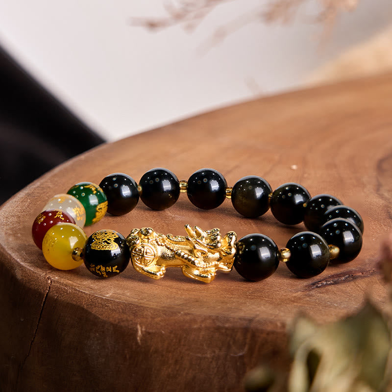 Natural Gold Sheen Obsidian PiXiu Five Directions Gods of Wealth Protection Bracelet