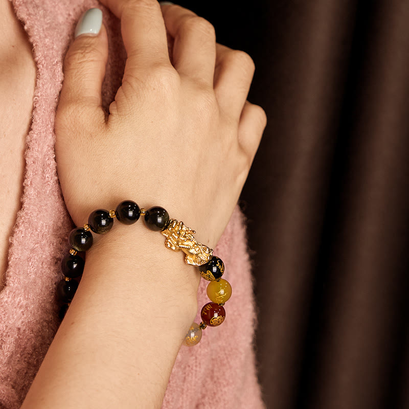 Natural Gold Sheen Obsidian PiXiu Five Directions Gods of Wealth Protection Bracelet
