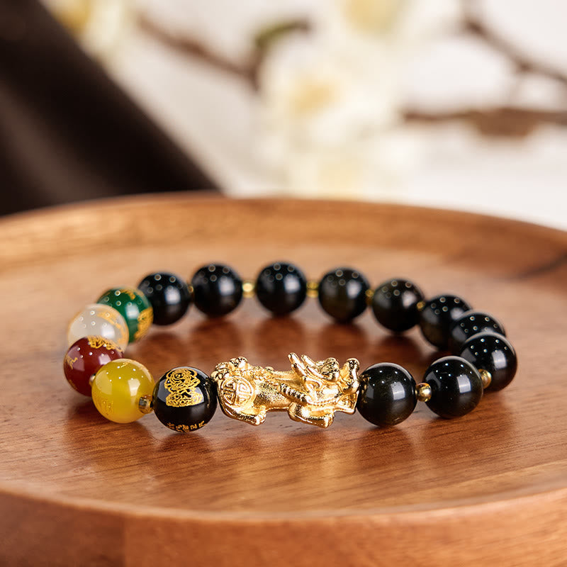 Natural Gold Sheen Obsidian PiXiu Five Directions Gods of Wealth Protection Bracelet