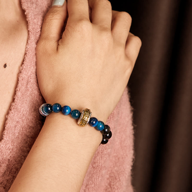 Silver Sheen Obsidian & Blue Tiger Eye Om Mani Padme Hum Copper Spinner Bracelet