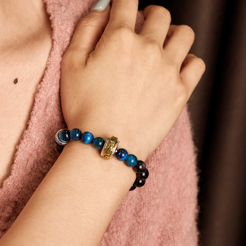 Silver Sheen Obsidian & Blue Tiger Eye Om Mani Padme Hum Copper Spinner Bracelet