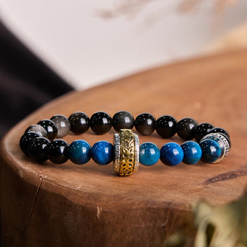 Silver Sheen Obsidian & Blue Tiger Eye Om Mani Padme Hum Copper Spinner Bracelet