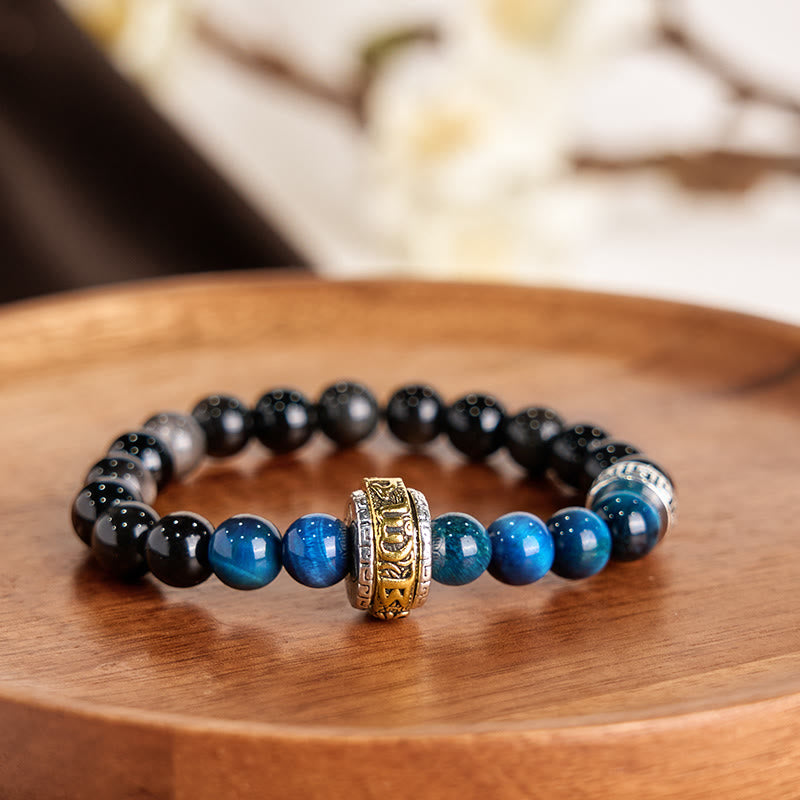 Silver Sheen Obsidian & Blue Tiger Eye Om Mani Padme Hum Copper Spinner Bracelet