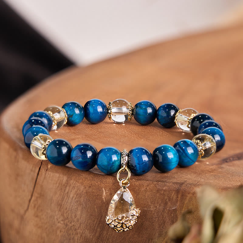 Blue Tiger Eye White Crystal Water Drop Strength Bracelet