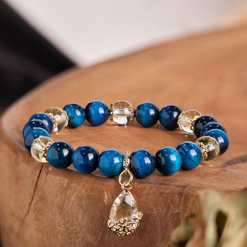 Blue Tiger Eye White Crystal Water Drop Strength Bracelet