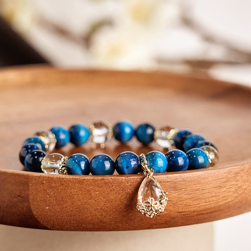 Blue Tiger Eye White Crystal Water Drop Strength Bracelet