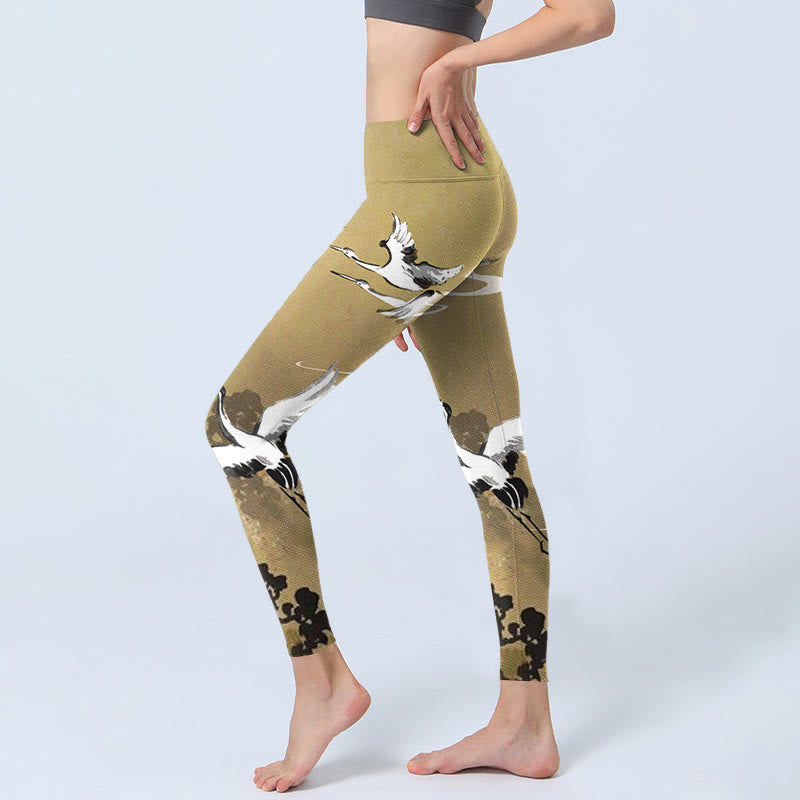 Trees Cloud Red-crowned Crane Pattern Print Gym Leggings Women's Yoga Pants