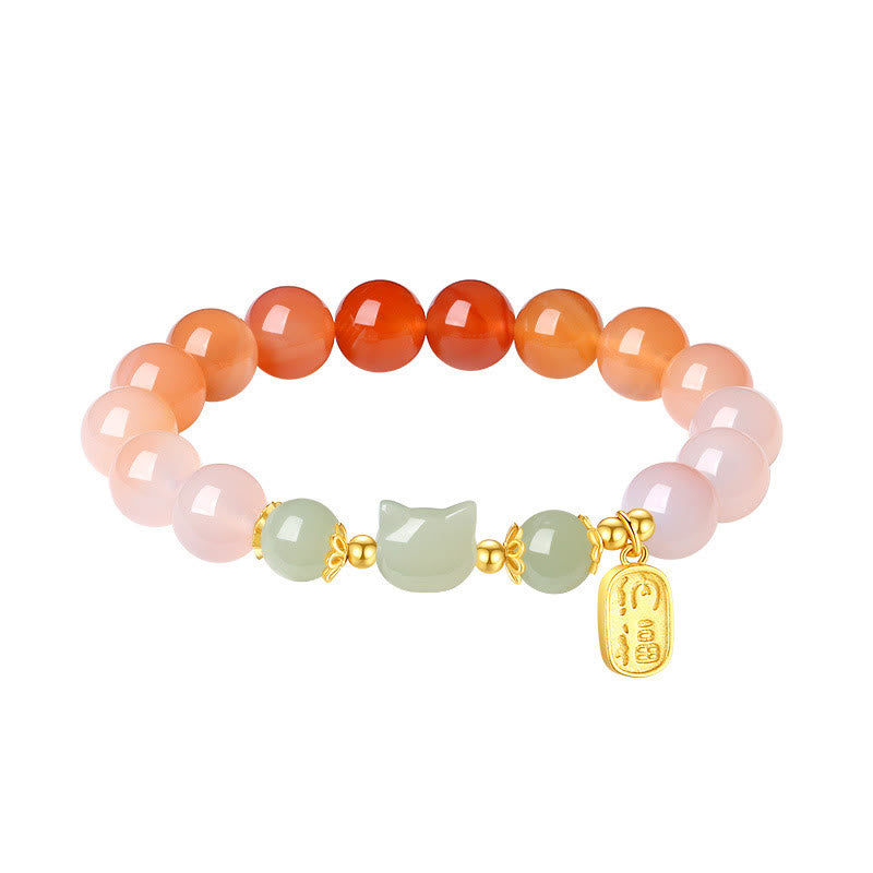 925 Sterling Silver Red Agate Hetian Jade Cat Fu Character Confidence Bracelet