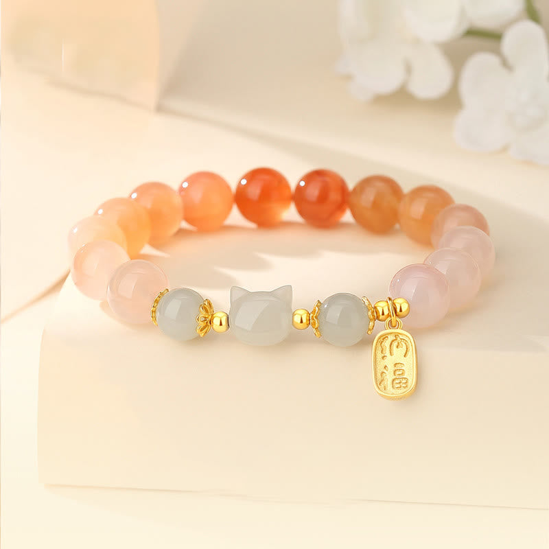 925 Sterling Silver Red Agate Hetian Jade Cat Fu Character Confidence Bracelet
