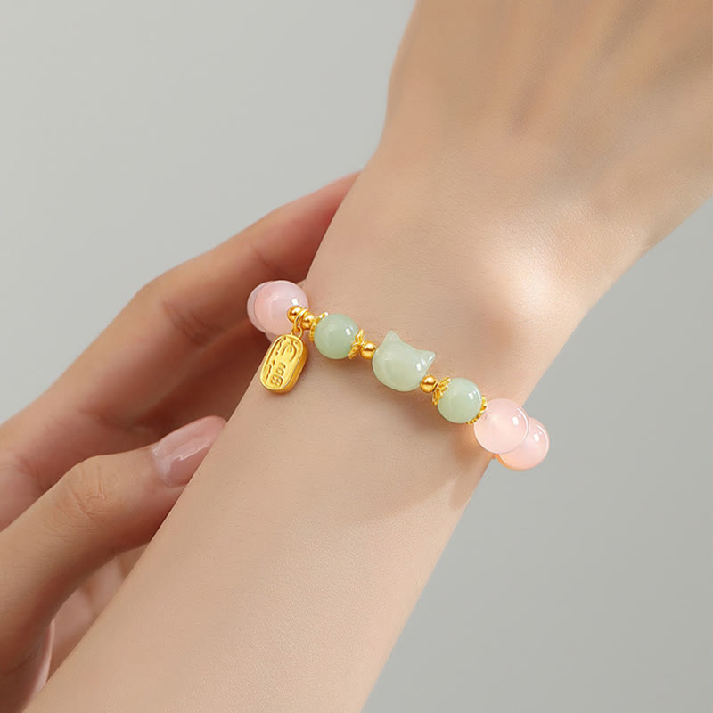925 Sterling Silver Red Agate Hetian Jade Cat Fu Character Confidence Bracelet